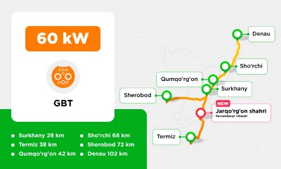 60 kW GBT charging station in the parking lot of the Shomurodovlar restaurant