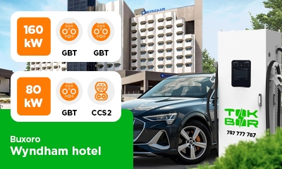 В Бухаре на парковке отеля «Wyndham», мы установили 2 зарядные станции TOK BOR